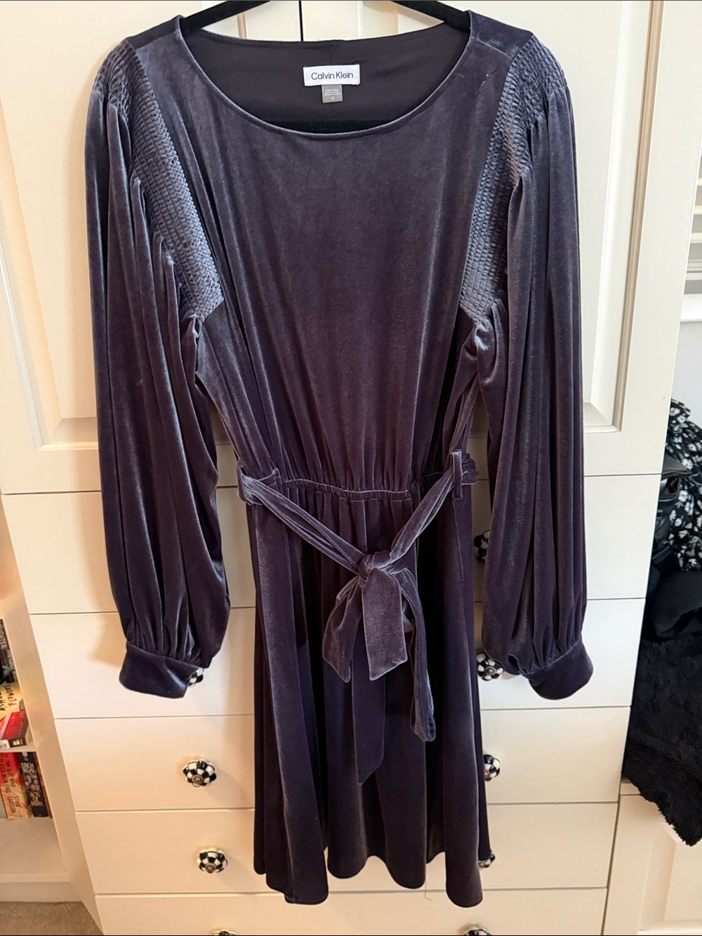 Calvin Klein Grey Velvet Long-Sleeve Belted Dress